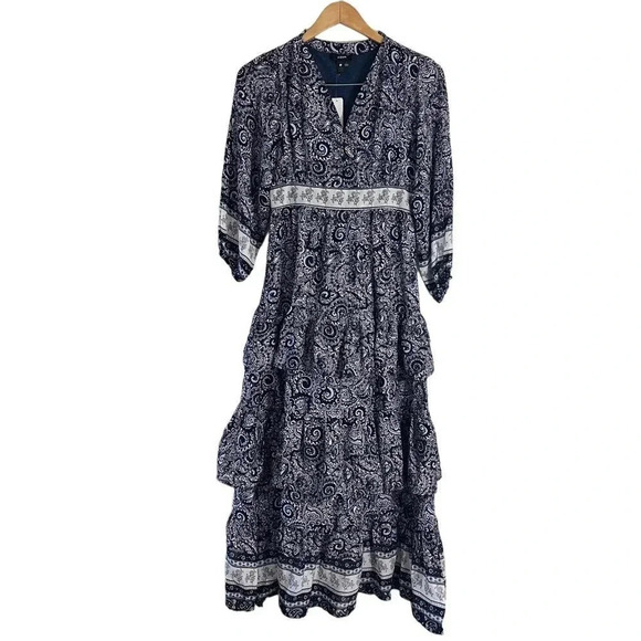 Aqua Dresses & Skirts - Aqua NEW Midi Dress Size XS Tiered Ruffle Cottagecore V Neck Paisley Floral Blue